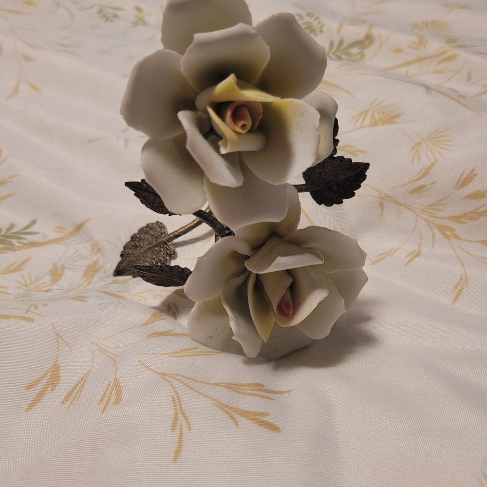 Porcelain White Rose Floral Figurine with Metal Leaves